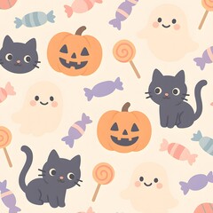 Cute pastel Halloween pattern with pumpkins, ghosts, and candies