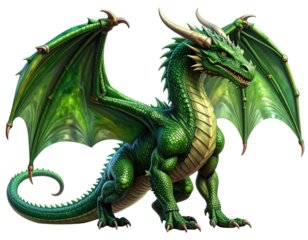Majestic Green Fantasy Dragon with Spread Wings, Side View, Isolated on White Background