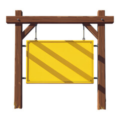 Blank Yellow Hanging Signboard on Wooden Posts Isolated on Transparent Background