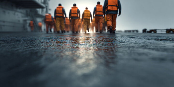 Group of adult workers wearing orange life vests walking on wet deck of ship in morning Concept of teamwork, safety, and maritime industry