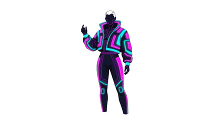 Futuristic Figure in Neon Outfit with Geometric Patterns.
