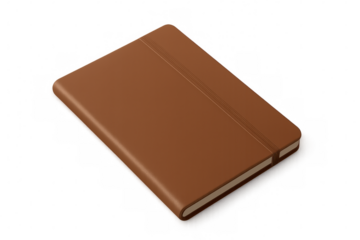 Brown leather notebook with elastic closure, representing planning, journaling, business, ideas, and knowledge on transparent background