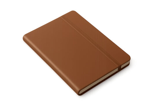 Brown leather notebook with elastic closure, representing planning, journaling, business, ideas, and knowledge on transparent background