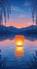 Glowing Lantern on Calm Lake at Sunset Illustration.