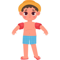 Cartoon Boy Wearing Yellow Sun Hat Blue Swim Trunks Red Arm Floats and Flip Flops Standing Against Transparent Background