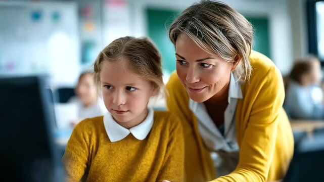 Parent facilitating a hybrid session with group activity after an AI guided lesson blended learning family education hands on learning with copy space