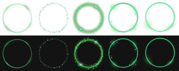 Glowing green neon circle with motion speed lines and light trail. Abstract futuristic ring with energy swirl and luminous particles on black background for modern tech vector design.