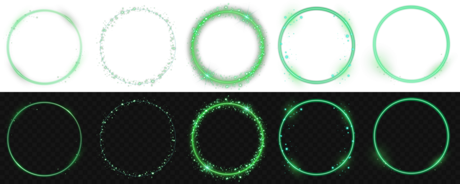 Glowing green neon circle with motion speed lines and light trail. Abstract futuristic ring with energy swirl and luminous particles on black background for modern tech vector design.