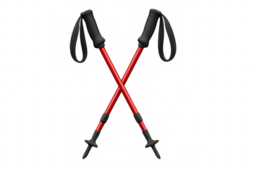 Red trekking poles crossing, hiking or nordic walking equipment for outdoor sport activity on transparent background