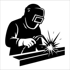 Welder silhouette performing metal welding, industrial fabrication illustration, construction and engineering concept, logo design, workshop poster, manufacturing and craftsmanship graphic