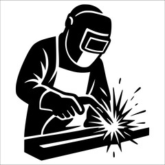 Welder silhouette performing metal welding, industrial fabrication illustration, construction and engineering concept, logo design, workshop poster, manufacturing and craftsmanship graphic