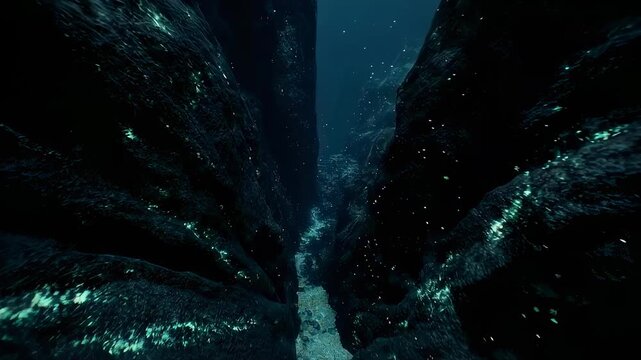 Underwater view of a deep ocean trench with glowing particles drifting.