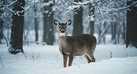 Graceful Deer Stands Alert in a Serene Winter Wonderland Forest.