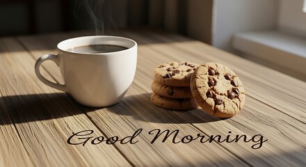 Good Morning greeting with a steaming cup of coffee and chocolate chip cookies.