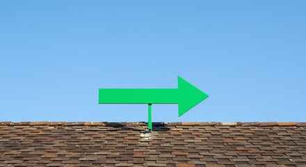 Green arrow sign pointing right on a rooftop against blue sky.