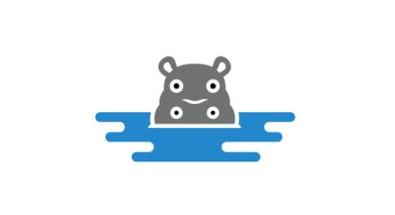 Cartoon Hippopotamus Head in Blue Water Smiling Face.
