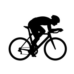 Silhouette of a cyclist racing on a road bike in aerodynamic position, professional athlete training for competition, minimal black shape on transparent background, flat vector illustration