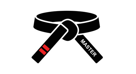 Black martial arts belt with red stripes and MASTER inscription.