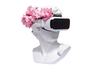  Three-Quarter View of Marble Statue with VR Headset and Floral Accents, Artistic Surrealism, Isolated on White Background
