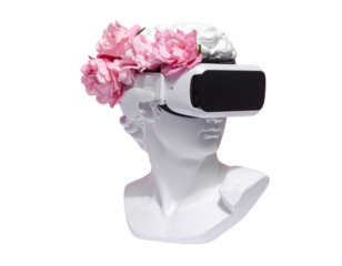 Three-Quarter View of Marble Statue with VR Headset and Floral Accents, Artistic Surrealism, Isolated on White Background
