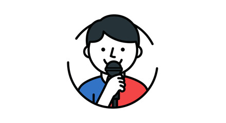 Cartoon illustration of a person holding a microphone ready to speak or sing.