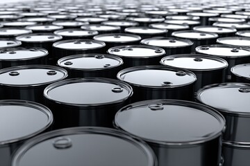 A perspective view shows endless rows of metallic barrels in a storage facility