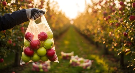 Hand holding bag of fresh apples in an orchard at sunset.