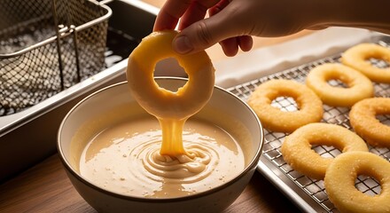 Hand dipping a golden brown donut into a bowl of creamy glaze.