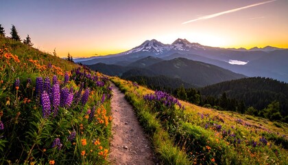 Scenic mountain trail with wildflowers at sunrise.