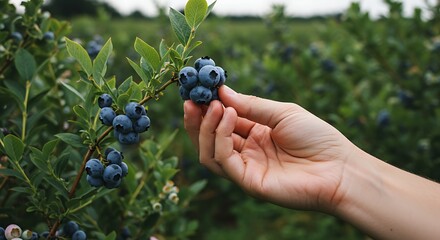 Hand Picking Ripe Blueberries in a Lush Blueberry Field.