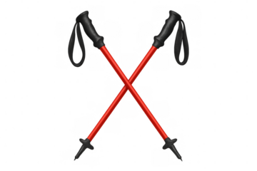 Red trekking poles in a cross formation. The equipment offers support and stability for outdoor sports and activities