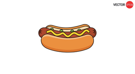 A classic cartoon hot dog illustration with a grilled sausage in a bun topped with yellow mustard and green relish.