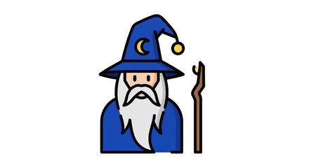 Cartoon Wizard with Blue Hat and Beard Holding a Staff.