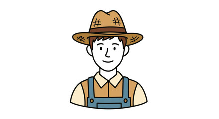Bust portrait of a smiling young cartoon farmer in a straw hat and overalls.