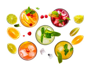  Top-Down View of Festive Cocktails, Assorted Colors and Garnishes, Isolated on Transparent Background