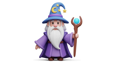 Whimsical Cartoon Wizard with Star-Adorned Hat and Crystal Staff.