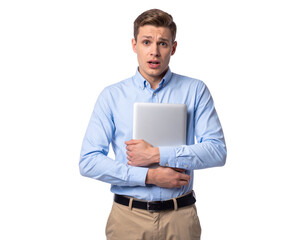  Worried Young Man Holding Laptop, Front View Studio Portrait, Isolated on White Background