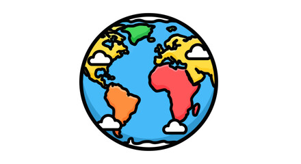 Stylized planet Earth globe icon with colorful continents and a thick black outline.
