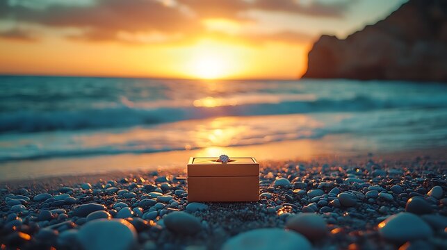 Engagement ring in elegant box on pebbled beach with sunset glow over sea. Romantic coastal proposal concept capturing love, commitment and timeless elegance