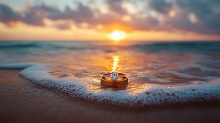 Engagement ring pair in sunlight at shoreline with gentle waves. Romantic proposal concept representing eternal love, connection and celebration