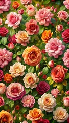Abundant garden of blooming roses in various shades of pink and orange