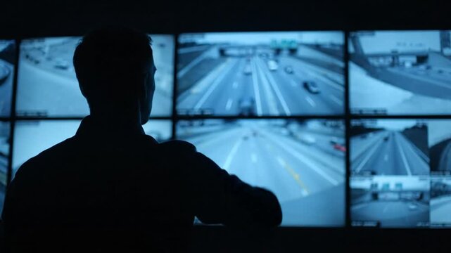 Security Officer Monitoring Highway Traffic on Surveillance Screens