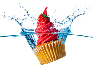  Angled Perspective of Cupcake Creating Water Splash, Motion Blur Effect, Transparent Background