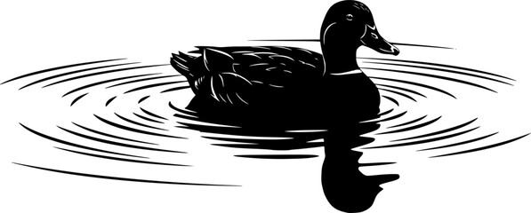 Duck swimming silhouette. This image shows a black silhouette of a duck gliding across the water with gentle ripples forming around it. Vector clipart illustration design.