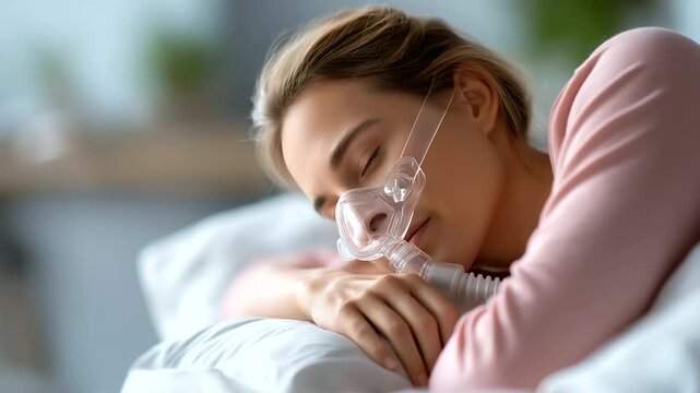 Woman wearing a sleep apnea oxygen mask resting in bed sleep apnea treatment medical breathing aid health care with copy space