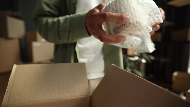 A man is holding a box with bubble wrap in his hands