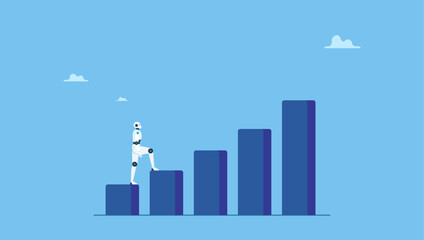 Robot walk up growth graph. Rise of AI artificial intelligence, innovation technology to develop growth, success or progress, automation or AI for marketing and financial business.