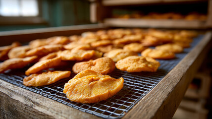 Dried apple slices on a rustic wooden rack in a kitchen.