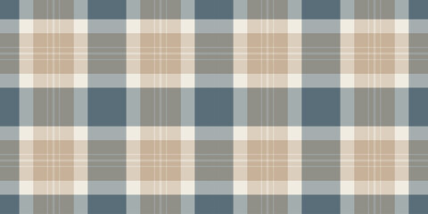 Seamless plaid pattern. Soft blue, tan and gray colors create a calming, balanced textile. Ideal for backgrounds, textiles,  graphic designs.