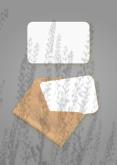 The shadow of field grass falls on an envelope with two sheets of textured white paper on a gray background. Mockup vertical orientation.